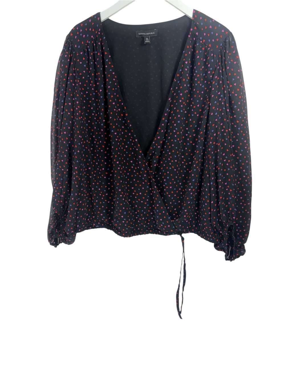 BANANA REPUBLIC Black faux Wrap Blouse with Pink Heart Print size xl